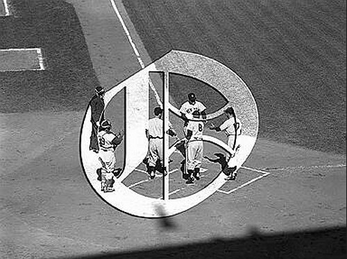 Mickey Mantle greeted at home plate at Ebbets Field56N0284